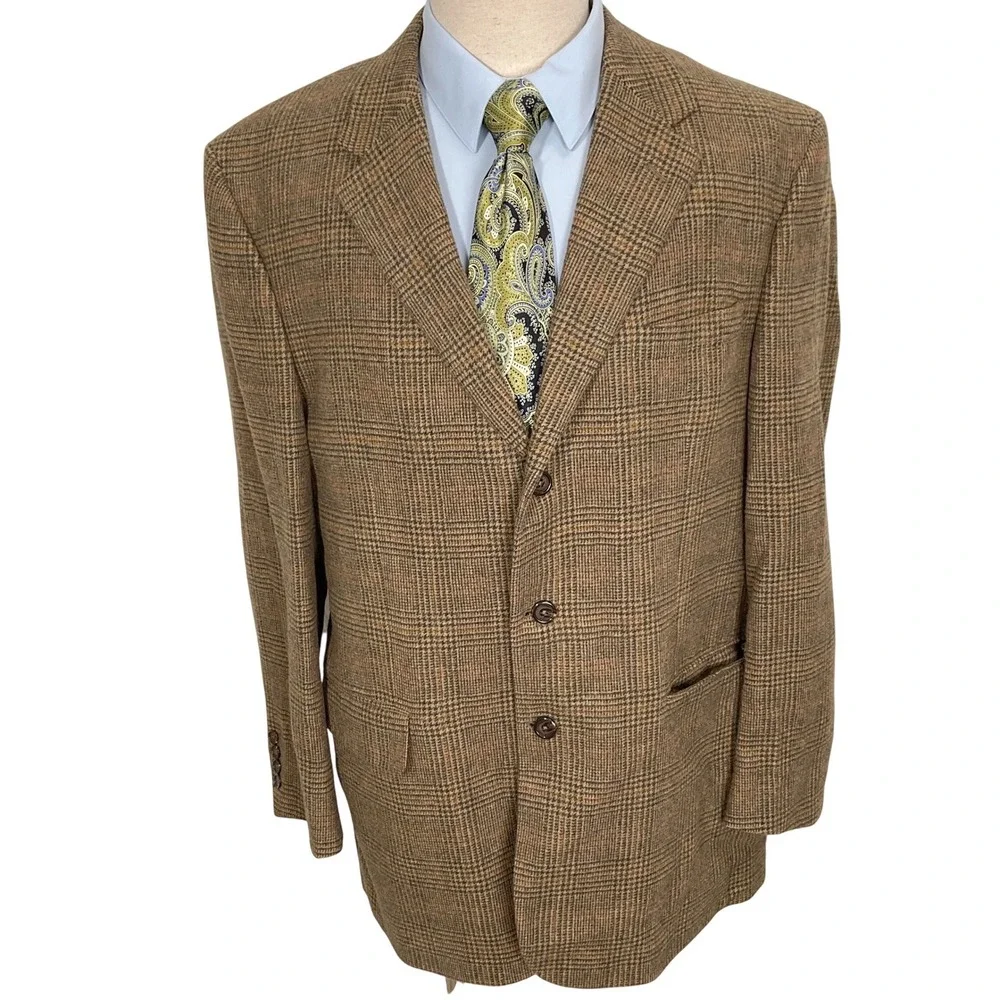 Jos‎ A Bank Blazer Mens 44L Brown Plaid Camelhair 3-Button Heritage